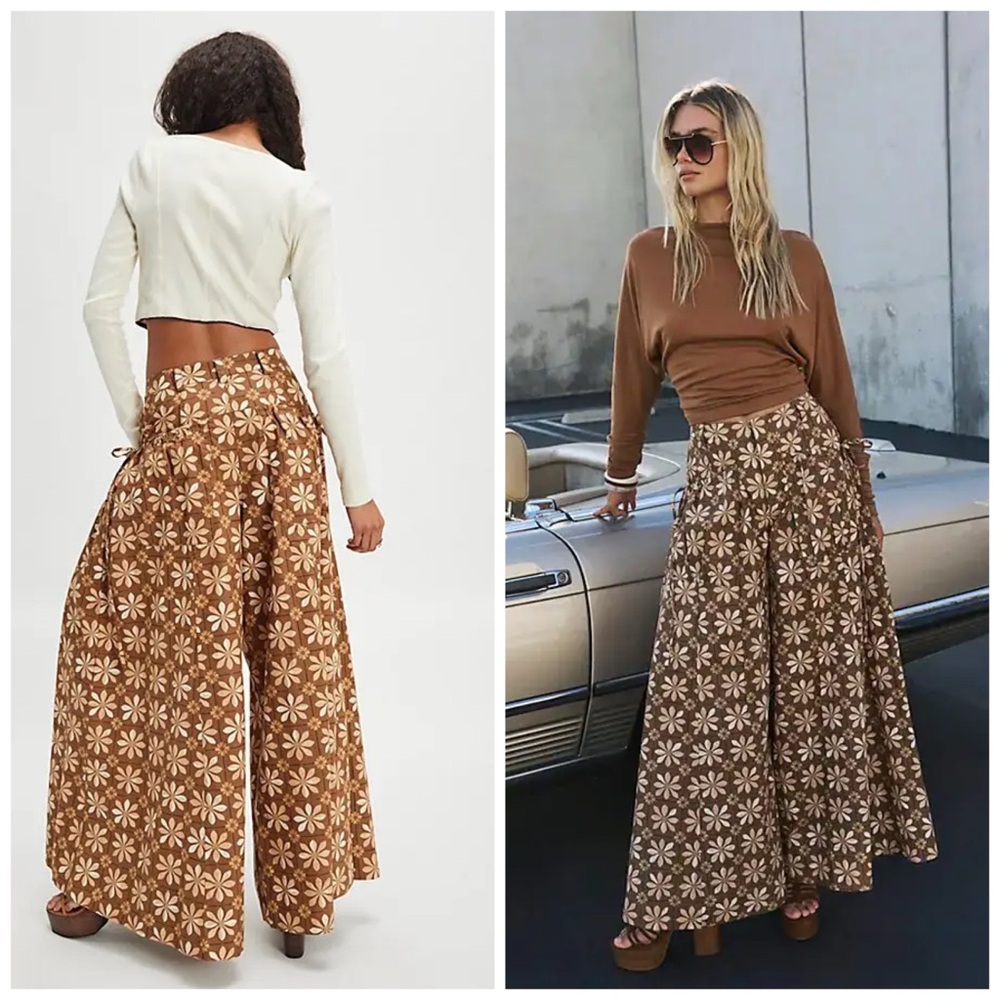 Free People‎ Miss You Most Printed Wide Leg Pants Floral Brown Size 10